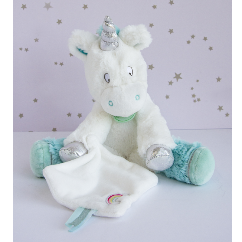  peluche licorne bleu blanc argent arc en ciel 